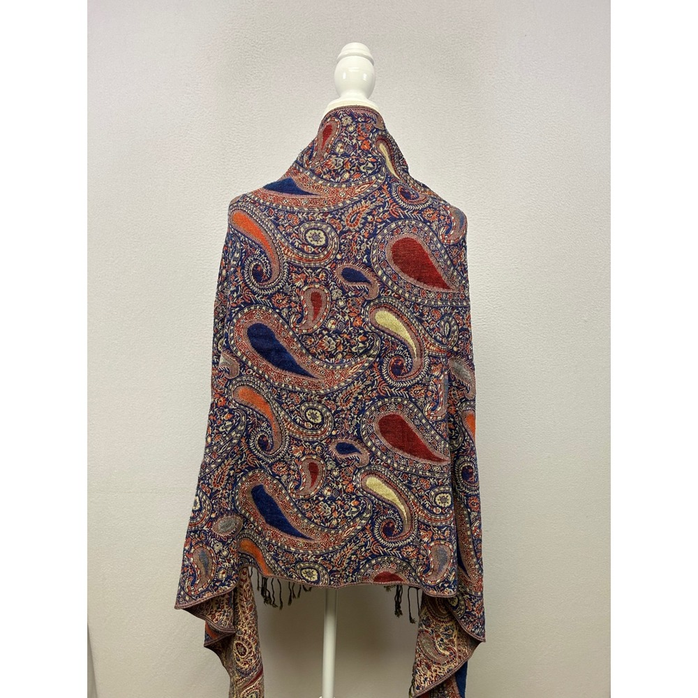 Boho Artistic Layering Womens OS Blue Red Paisley Pashmina Wrap Scarf